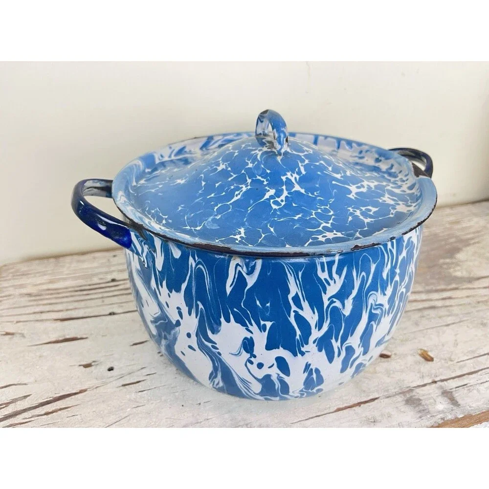 Antique Blue Swirl Graniteware Saucepan W/Lid And Handles 8”x 6” Country Rare